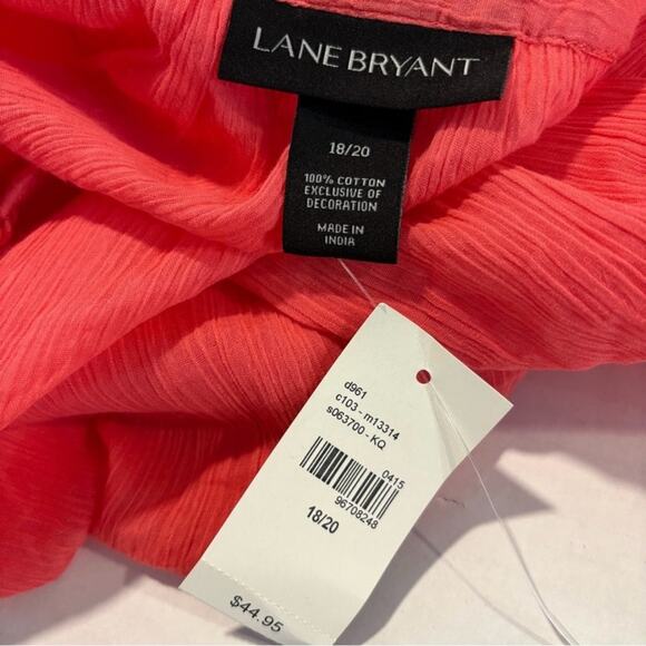 NWT Lane Bryant Coral Pink Blouse Gauzy Cotton Tie Neck 3/4 Sleeve, Size 18/20 - Picture 7 of 9